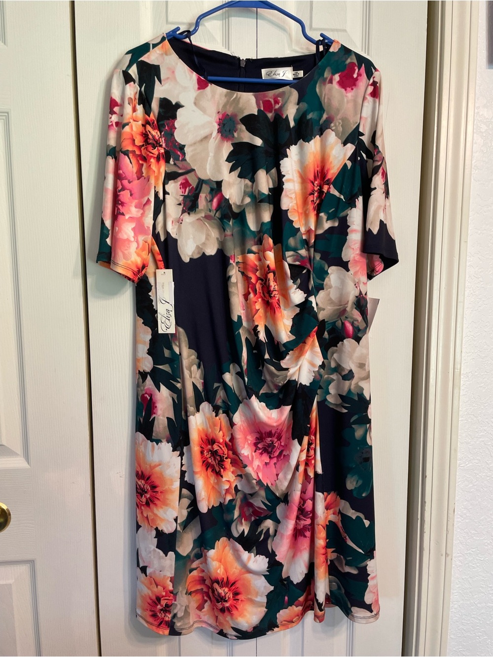 Eliza J Navy Midi Dress with Pink and Coral Floral Print
